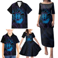 Kia Orana Kuki Airani Family Matching Puletasi and Hawaiian Shirt Cook Islands Tangaroa God Tatau Purple