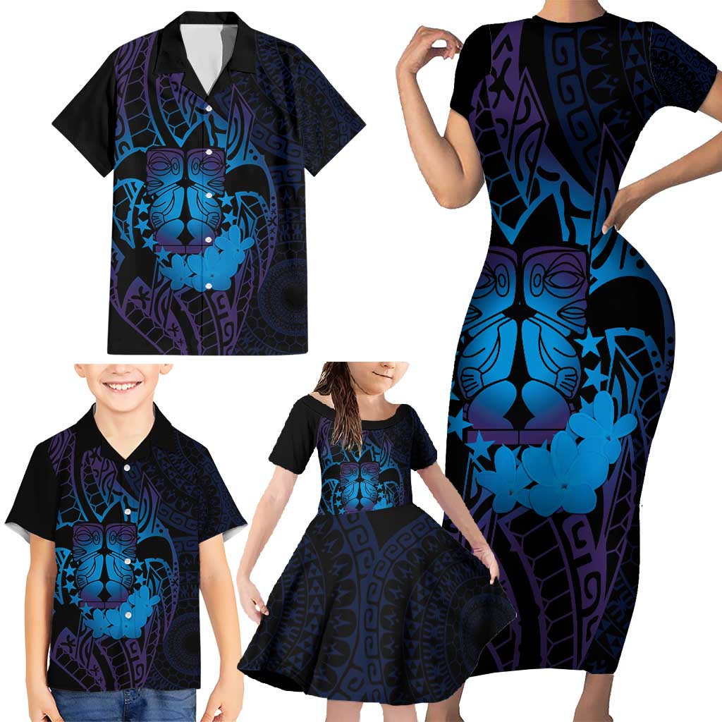 Kia Orana Kuki Airani Family Matching Short Sleeve Bodycon Dress and Hawaiian Shirt Cook Islands Tangaroa God Tatau Purple