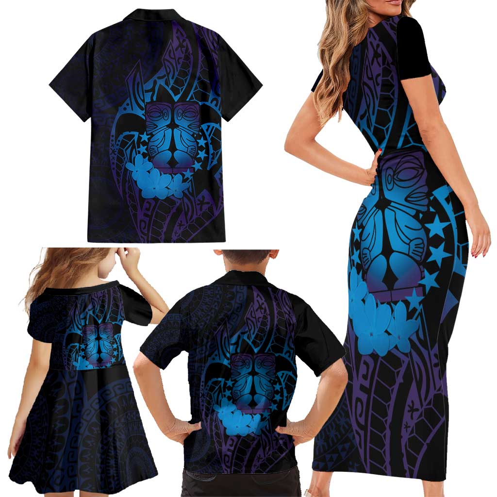 Kia Orana Kuki Airani Family Matching Short Sleeve Bodycon Dress and Hawaiian Shirt Cook Islands Tangaroa God Tatau Purple