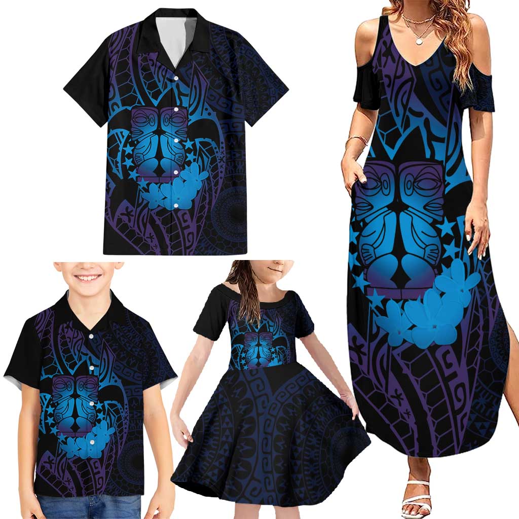 Kia Orana Kuki Airani Family Matching Summer Maxi Dress and Hawaiian Shirt Cook Islands Tangaroa God Tatau Purple