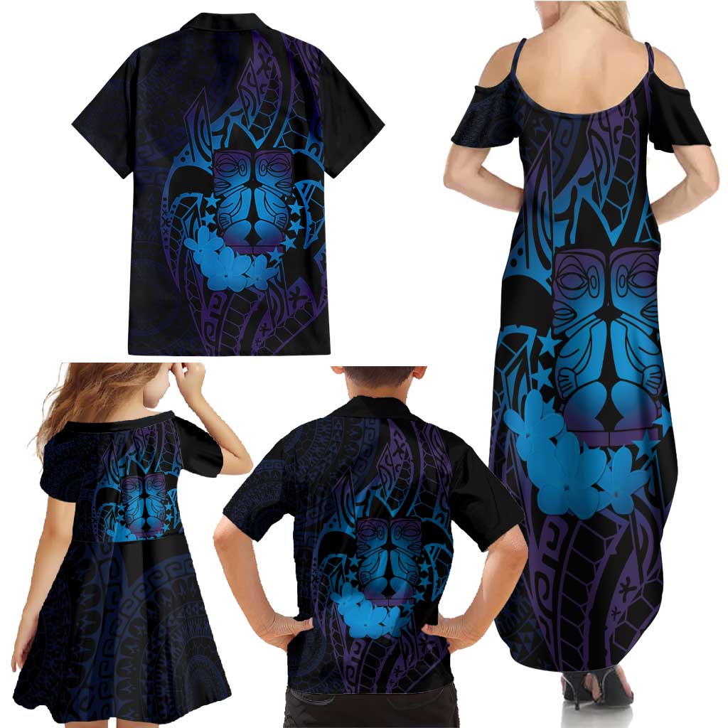Kia Orana Kuki Airani Family Matching Summer Maxi Dress and Hawaiian Shirt Cook Islands Tangaroa God Tatau Purple