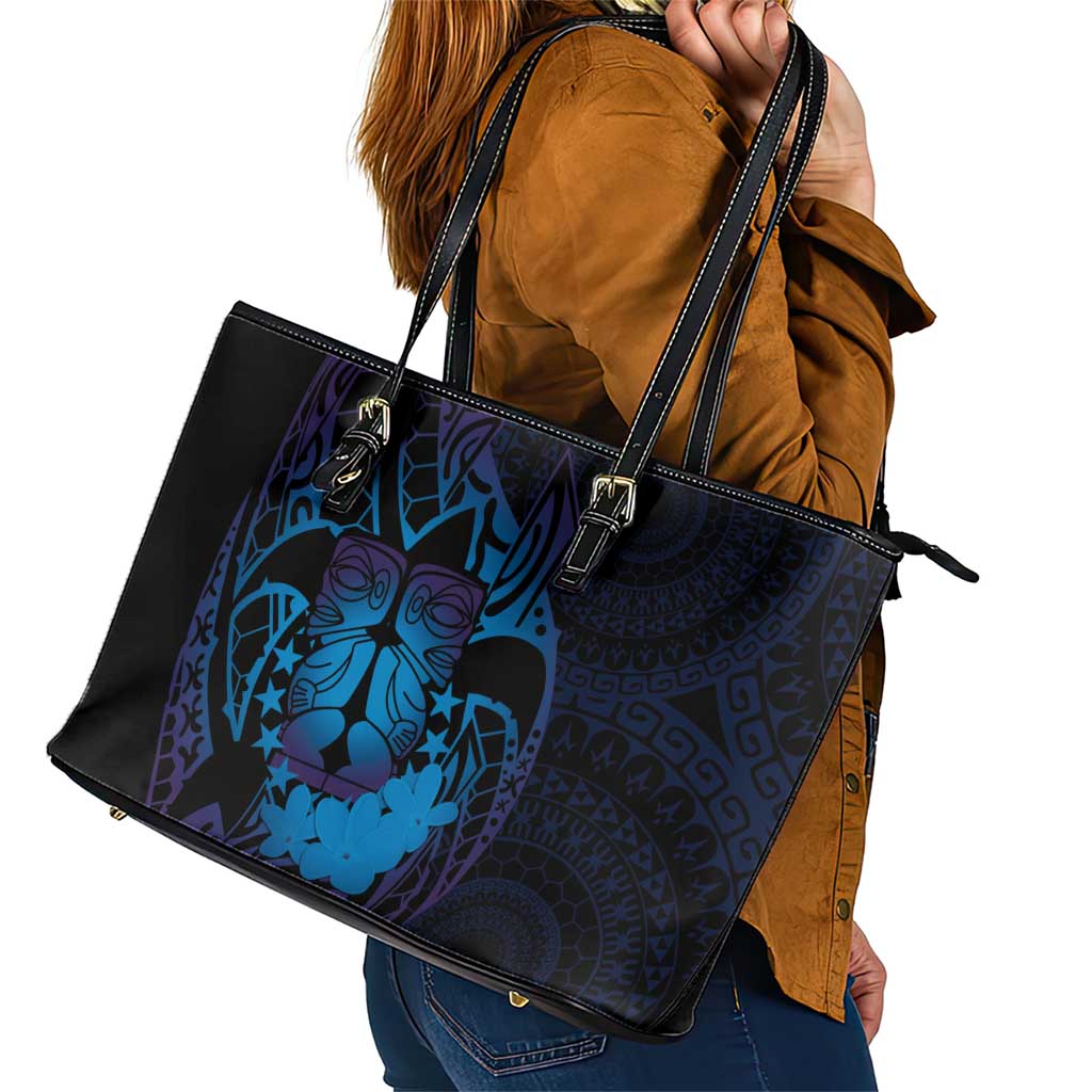 Kia Orana Kuki Airani Leather Tote Bag Cook Islands Tangaroa God Tatau Purple
