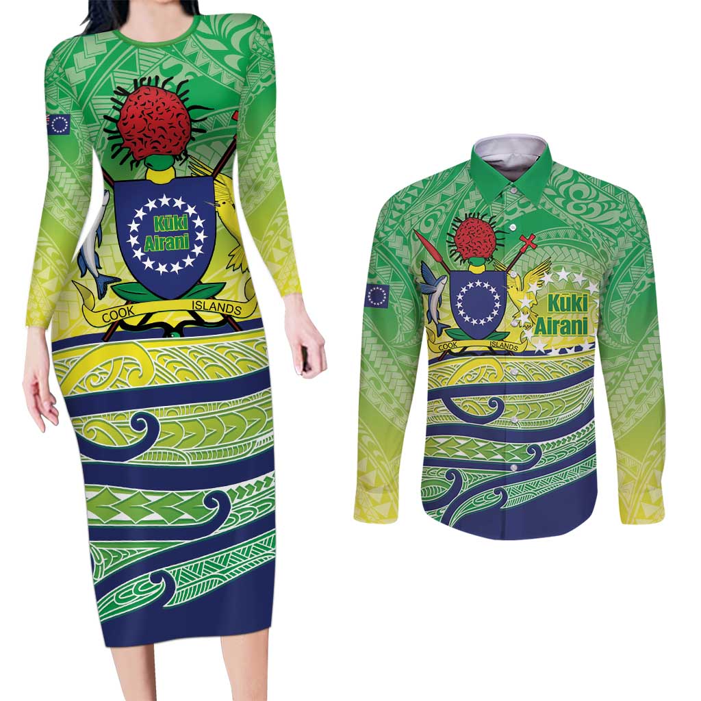 Te Maeva Nui Cook Islands Couples Matching Long Sleeve Bodycon Dress and Long Sleeve Button Shirt 60th Independence Anniversary Proud LT14 Green - Polynesian Pride