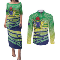 Te Maeva Nui Cook Islands Couples Matching Puletasi and Long Sleeve Button Shirt 60th Independence Anniversary Proud LT14 Green - Polynesian Pride