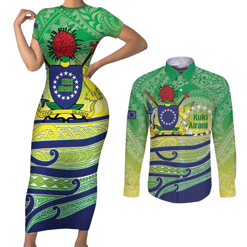 Te Maeva Nui Cook Islands Couples Matching Short Sleeve Bodycon Dress and Long Sleeve Button Shirt 60th Independence Anniversary Proud LT14 Green - Polynesian Pride
