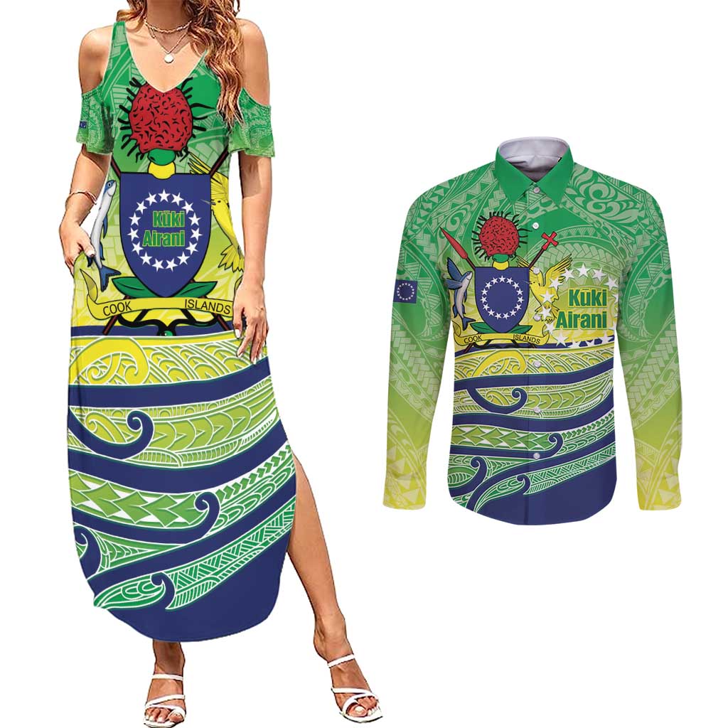 Te Maeva Nui Cook Islands Couples Matching Summer Maxi Dress and Long Sleeve Button Shirt 60th Independence Anniversary Proud LT14 Green - Polynesian Pride