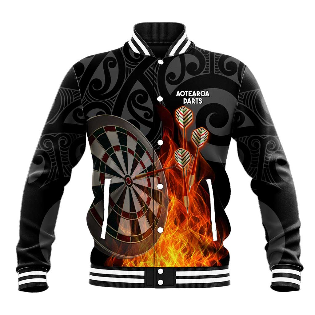 Personalised Aotearoa Darts Baseball Jacket Maori Koru Flaming Dartboard LT14 Unisex Black - Polynesian Pride