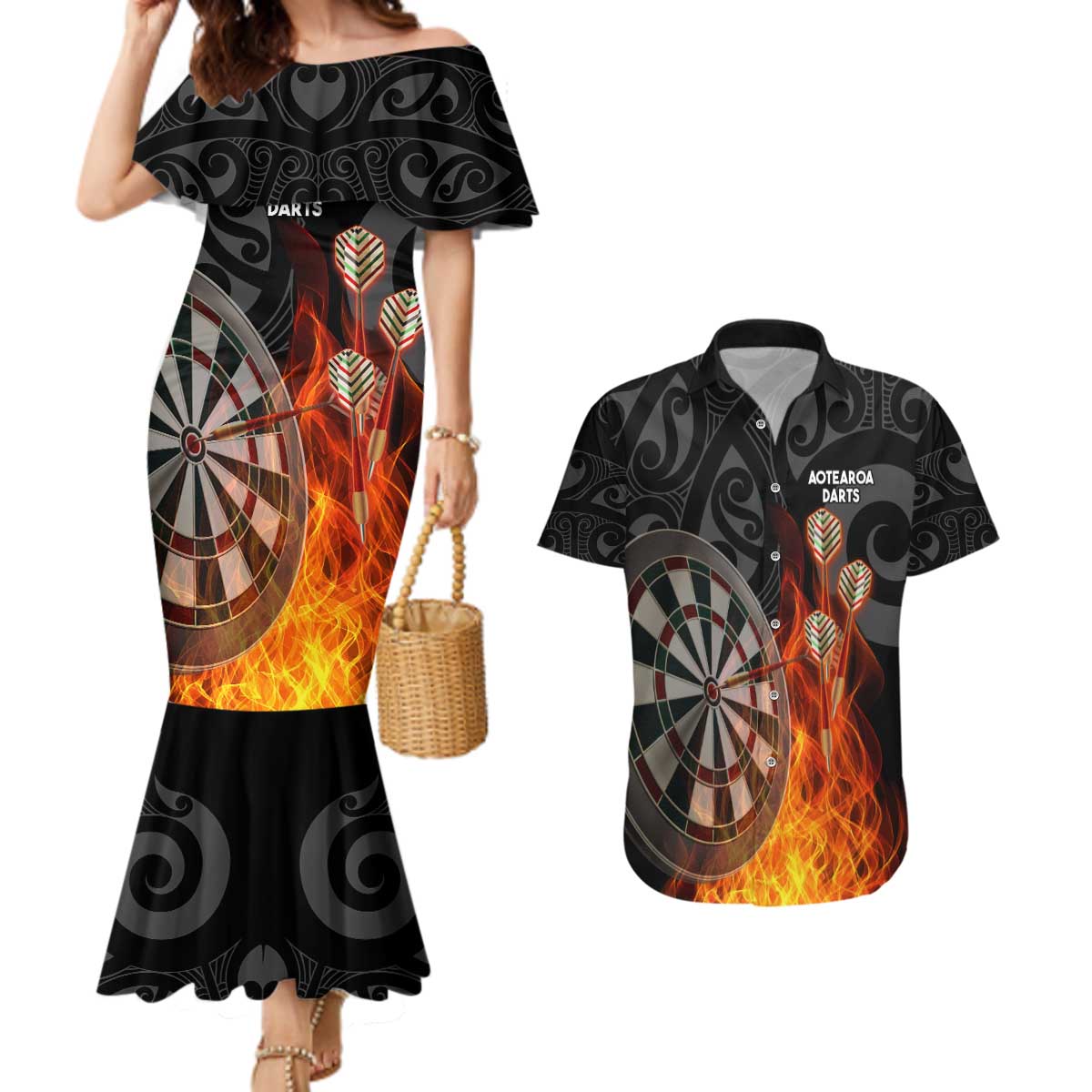 Personalised Aotearoa Darts Couples Matching Mermaid Dress and Hawaiian Shirt Maori Koru Flaming Dartboard LT14 Black - Polynesian Pride