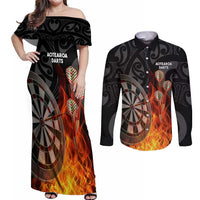 Personalised Aotearoa Darts Couples Matching Off Shoulder Maxi Dress and Long Sleeve Button Shirt Maori Koru Flaming Dartboard LT14 Black - Polynesian Pride