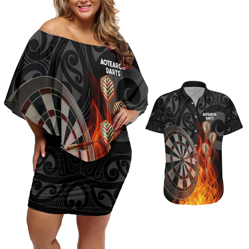 Personalised Aotearoa Darts Couples Matching Off Shoulder Short Dress and Hawaiian Shirt Maori Koru Flaming Dartboard LT14 Black - Polynesian Pride