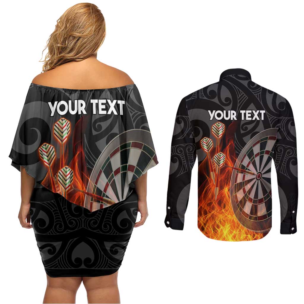 Personalised Aotearoa Darts Couples Matching Off Shoulder Short Dress and Long Sleeve Button Shirt Maori Koru Flaming Dartboard LT14 - Polynesian Pride