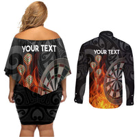 Personalised Aotearoa Darts Couples Matching Off Shoulder Short Dress and Long Sleeve Button Shirt Maori Koru Flaming Dartboard LT14 - Polynesian Pride