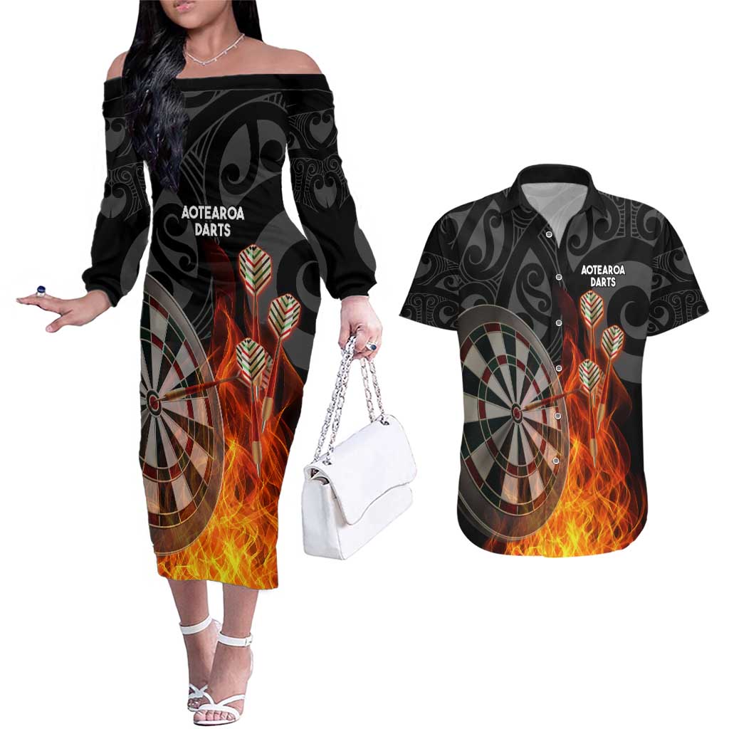 Personalised Aotearoa Darts Couples Matching Off The Shoulder Long Sleeve Dress and Hawaiian Shirt Maori Koru Flaming Dartboard LT14 Black - Polynesian Pride