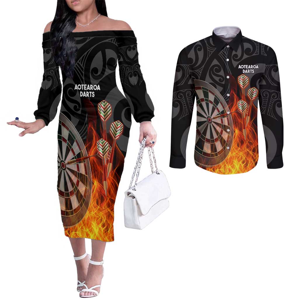 Personalised Aotearoa Darts Couples Matching Off The Shoulder Long Sleeve Dress and Long Sleeve Button Shirt Maori Koru Flaming Dartboard LT14 Black - Polynesian Pride