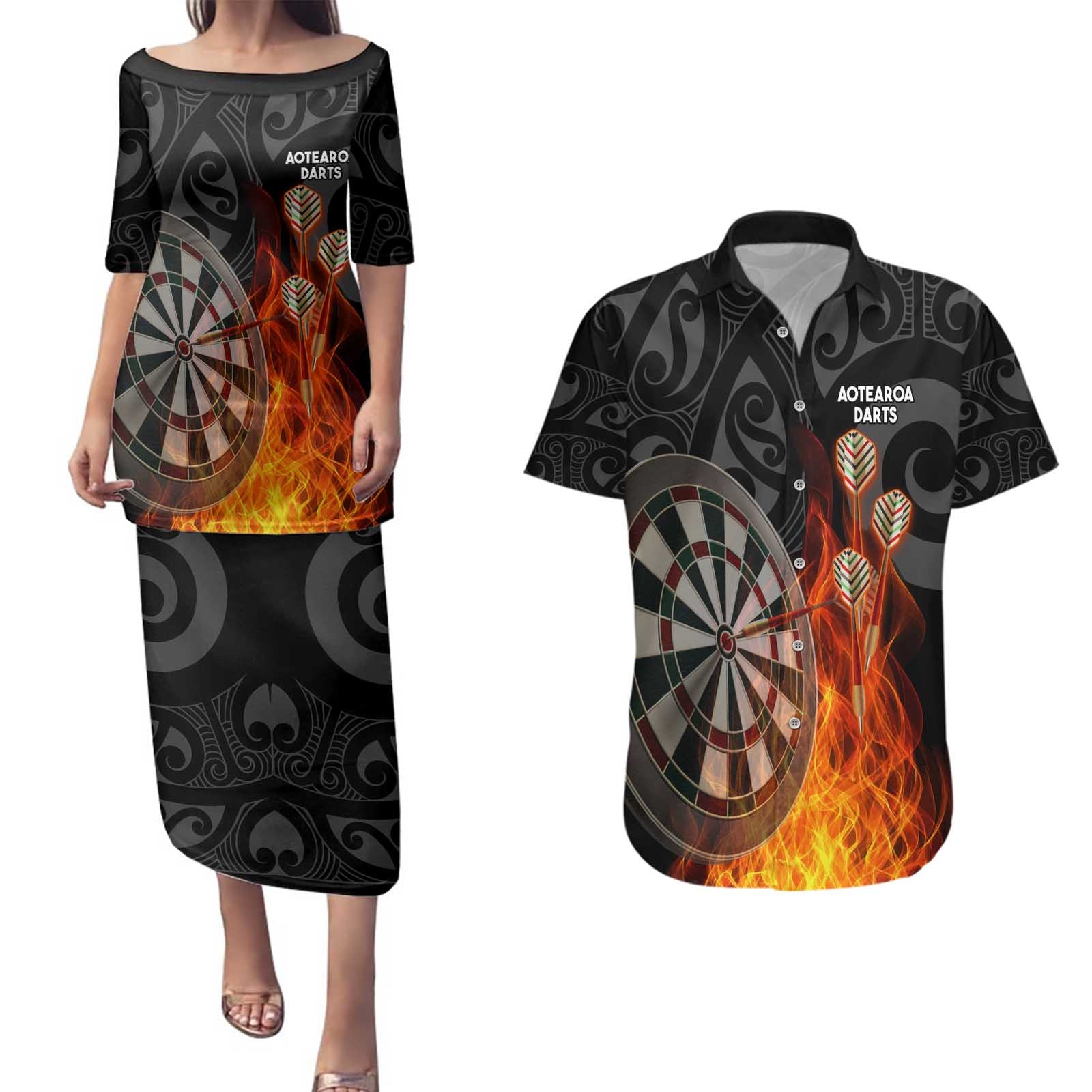Personalised Aotearoa Darts Couples Matching Puletasi and Hawaiian Shirt Maori Koru Flaming Dartboard LT14 Black - Polynesian Pride