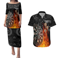 Personalised Aotearoa Darts Couples Matching Puletasi and Hawaiian Shirt Maori Koru Flaming Dartboard LT14 Black - Polynesian Pride