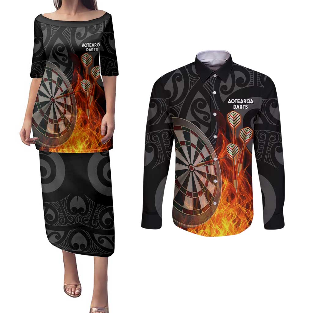 Personalised Aotearoa Darts Couples Matching Puletasi and Long Sleeve Button Shirt Maori Koru Flaming Dartboard LT14 Black - Polynesian Pride