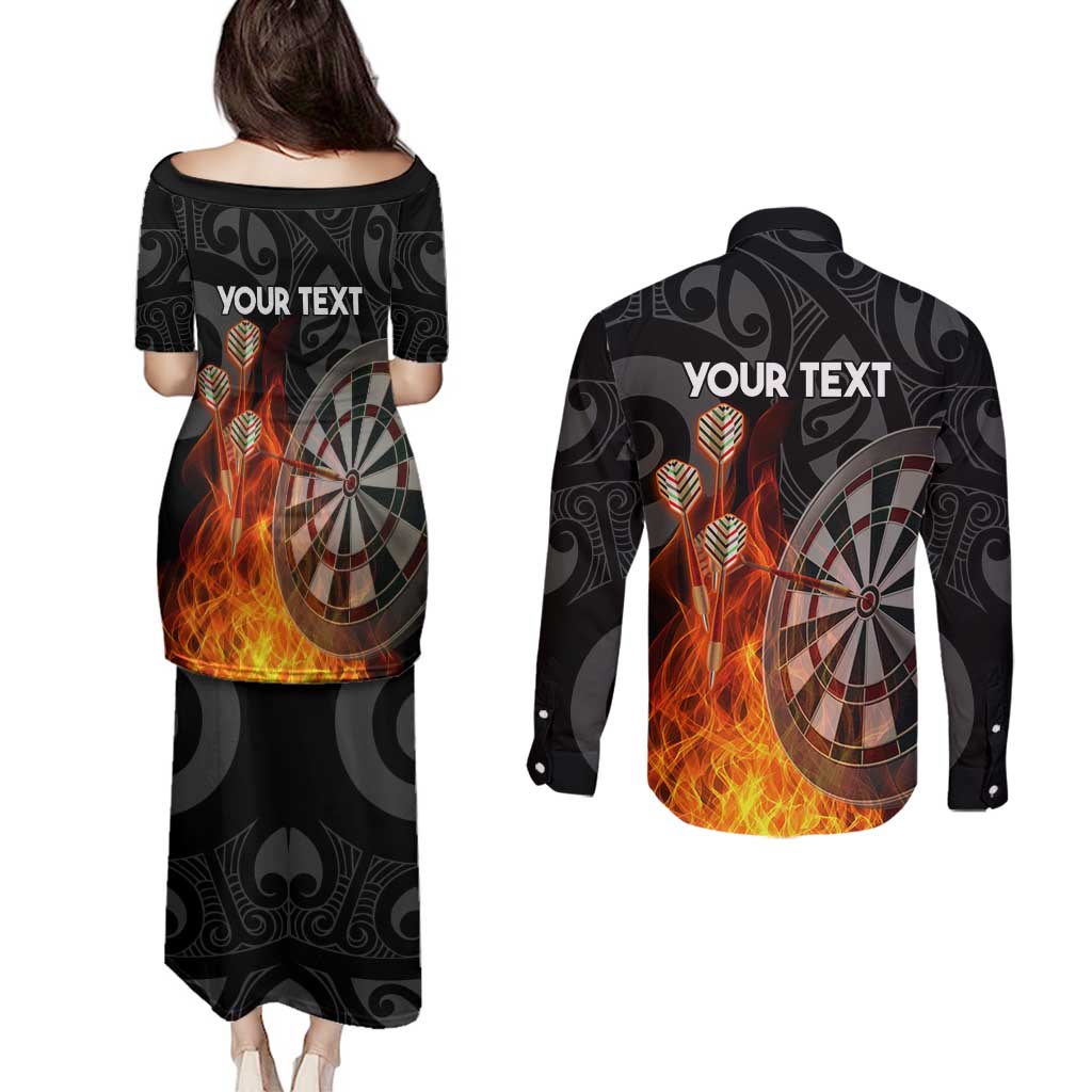 Personalised Aotearoa Darts Couples Matching Puletasi and Long Sleeve Button Shirt Maori Koru Flaming Dartboard LT14 - Polynesian Pride