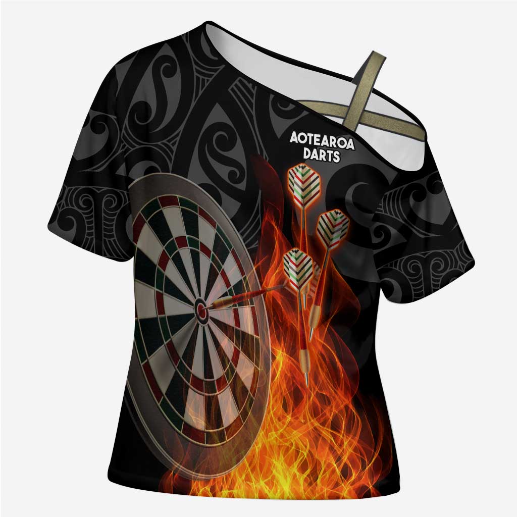 Personalised Aotearoa Darts Cross Shoulder Shirt Maori Koru Flaming Dartboard - Polynesian Pride
