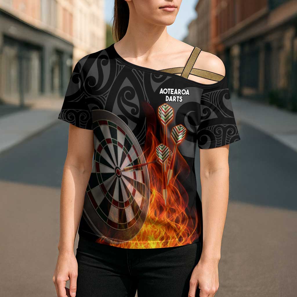 Personalised Aotearoa Darts Cross Shoulder Shirt Maori Koru Flaming Dartboard - Polynesian Pride