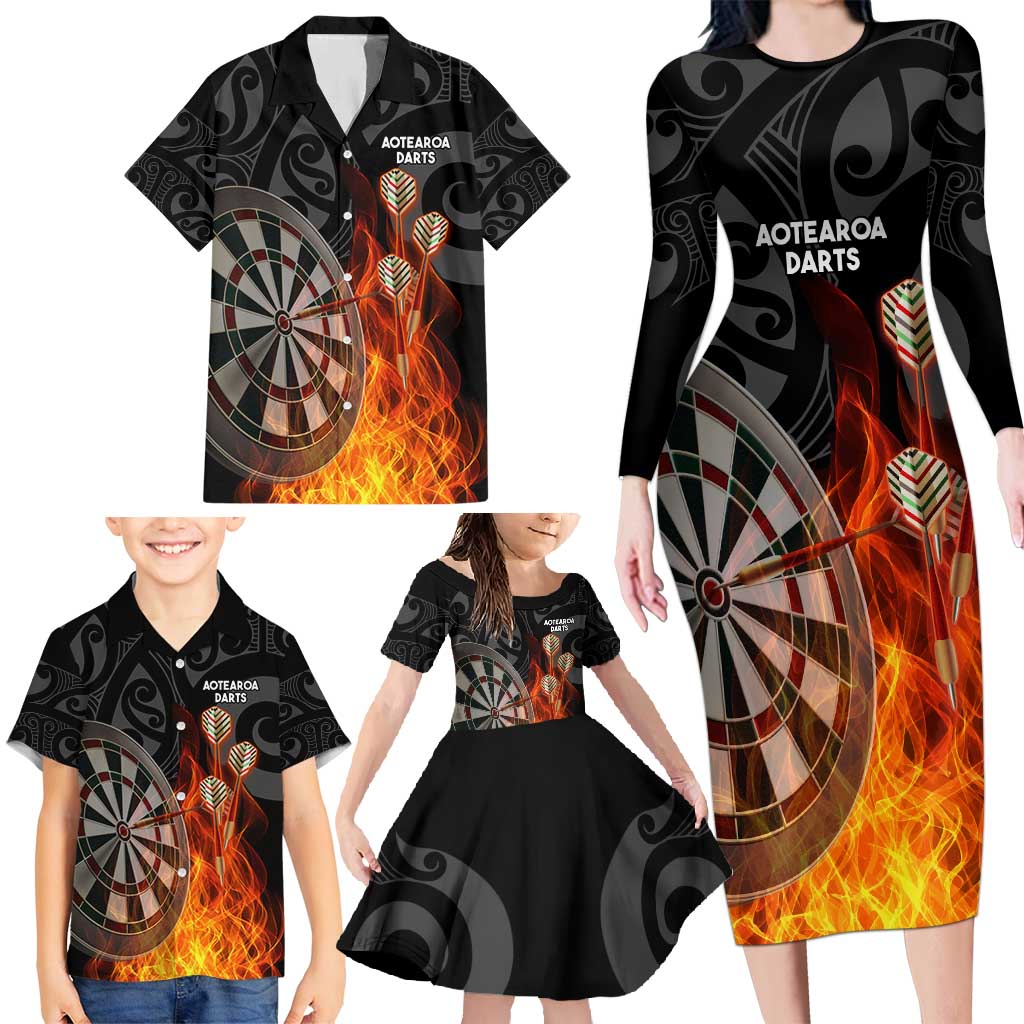 Personalised Aotearoa Darts Family Matching Long Sleeve Bodycon Dress and Hawaiian Shirt Maori Koru Flaming Dartboard LT14 - Polynesian Pride