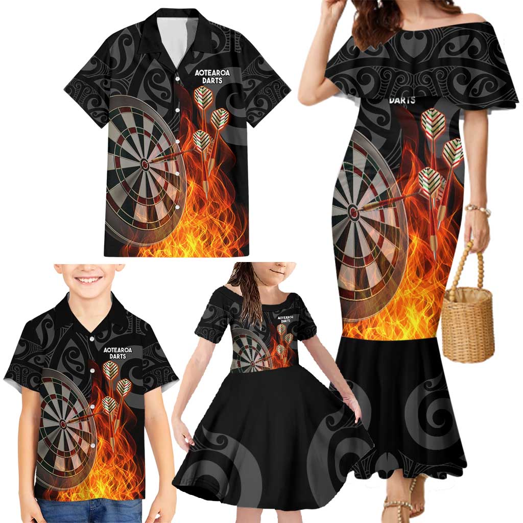 Personalised Aotearoa Darts Family Matching Mermaid Dress and Hawaiian Shirt Maori Koru Flaming Dartboard LT14 - Polynesian Pride