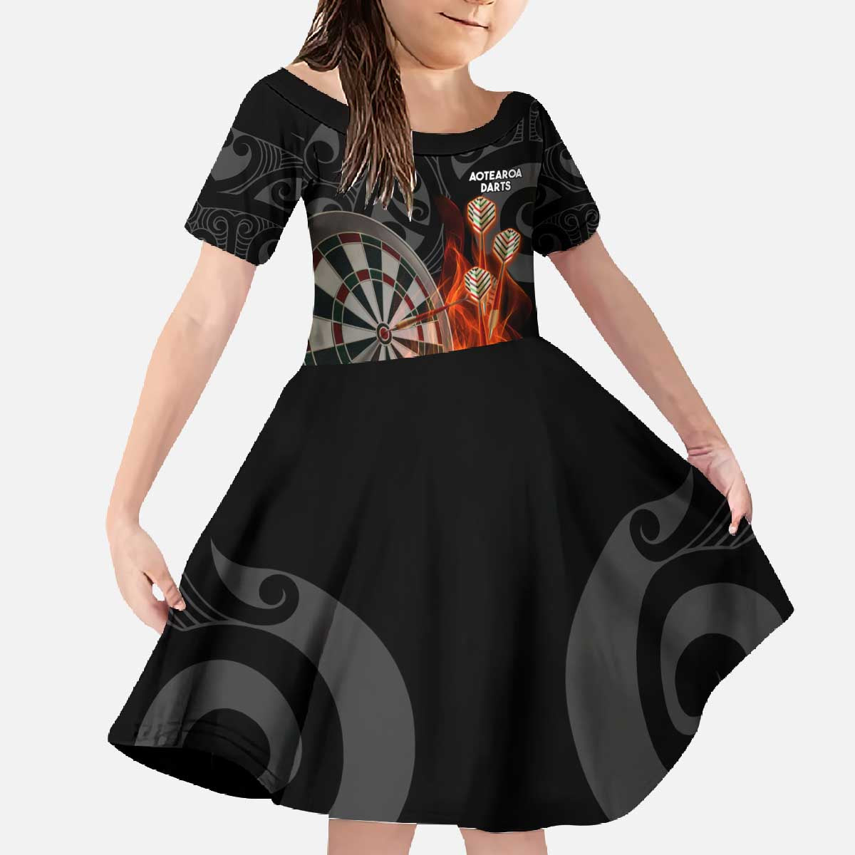 Personalised Aotearoa Darts Family Matching Off The Shoulder Long Sleeve Dress and Hawaiian Shirt Maori Koru Flaming Dartboard