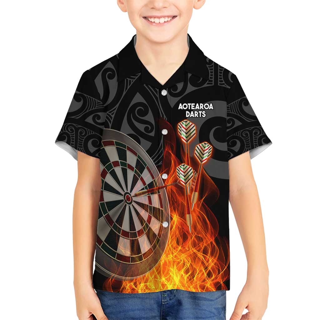 Personalised Aotearoa Darts Family Matching Puletasi and Hawaiian Shirt Maori Koru Flaming Dartboard