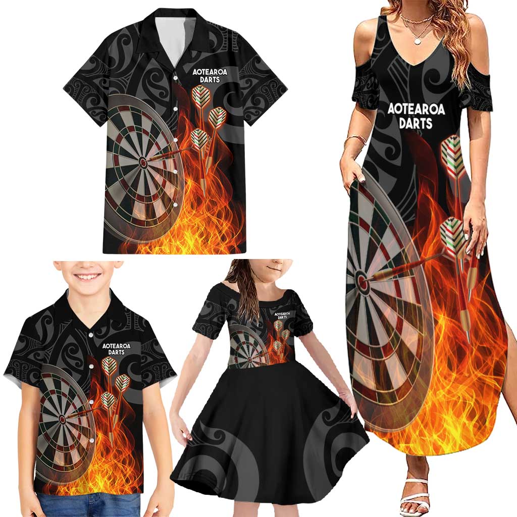 Personalised Aotearoa Darts Family Matching Summer Maxi Dress and Hawaiian Shirt Maori Koru Flaming Dartboard LT14 - Polynesian Pride