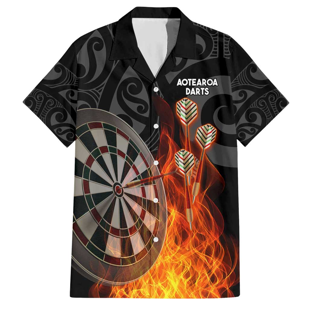 Personalised Aotearoa Darts Hawaiian Shirt Maori Koru Flaming Dartboard