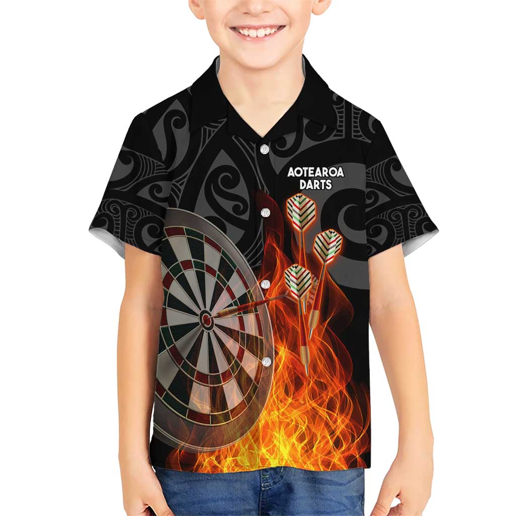 Personalised Aotearoa Darts Kid Hawaiian Shirt Maori Koru Flaming Dartboard