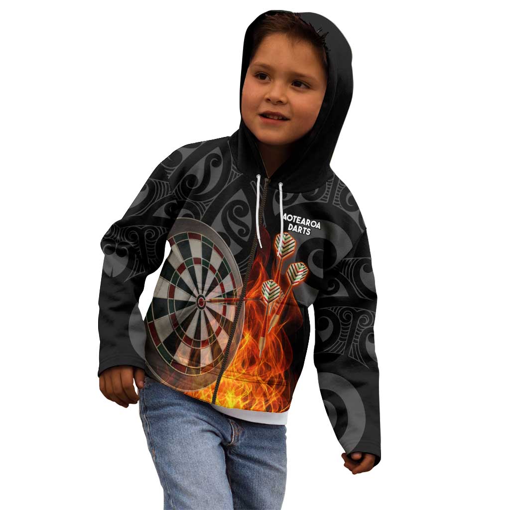 Personalised Aotearoa Darts Kid Hoodie Maori Koru Flaming Dartboard