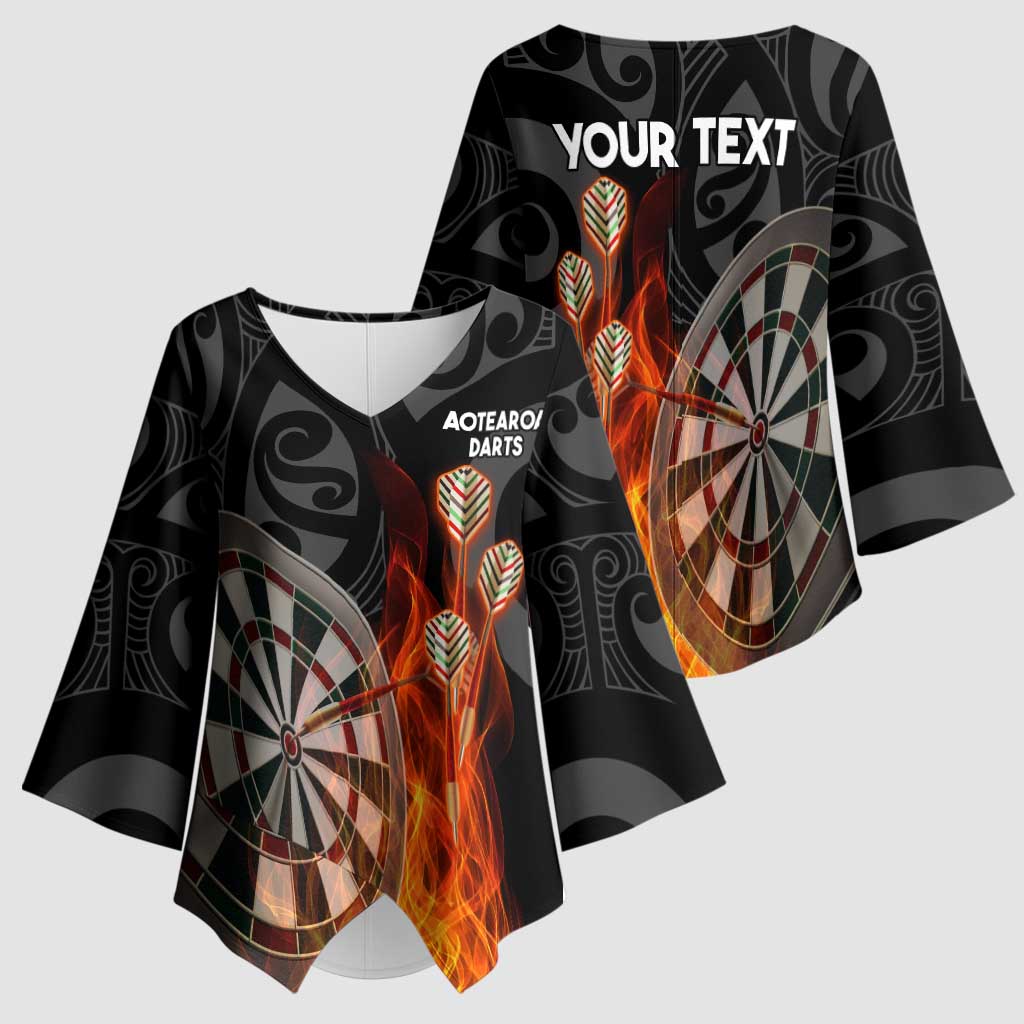 Personalised Aotearoa Darts Kimono Sleeve Blouse Maori Koru Flaming Dartboard - Polynesian Pride