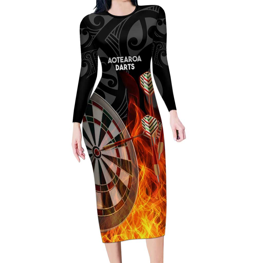 Personalised Aotearoa Darts Long Sleeve Bodycon Dress Maori Koru Flaming Dartboard