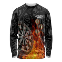 Personalised Aotearoa Darts Long Sleeve Shirt Maori Koru Flaming Dartboard LT14 Unisex Black - Polynesian Pride