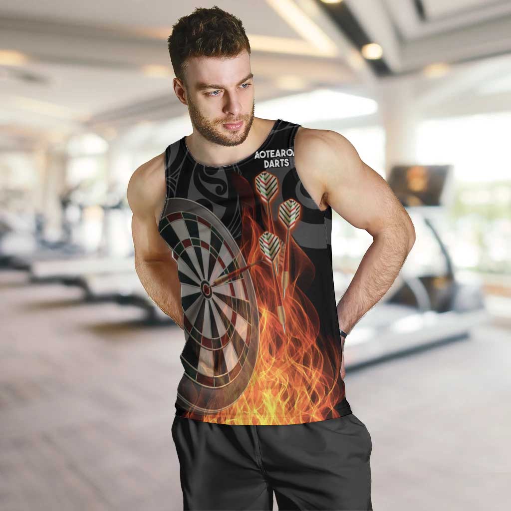 Personalised Aotearoa Darts Men Tank Top Maori Koru Flaming Dartboard LT14 Black - Polynesian Pride