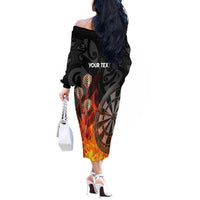 Personalised Aotearoa Darts Off The Shoulder Long Sleeve Dress Maori Koru Flaming Dartboard