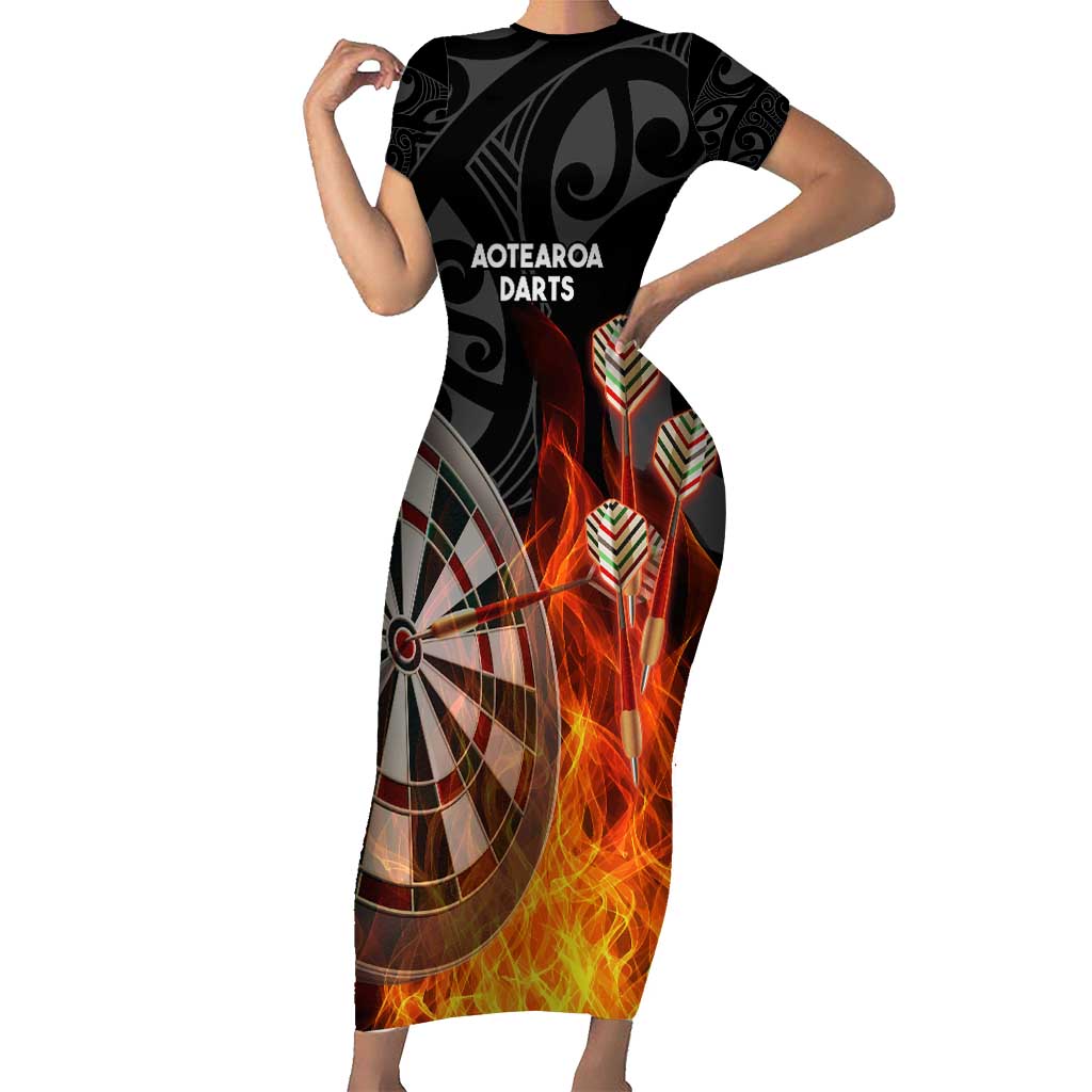 Personalised Aotearoa Darts Short Sleeve Bodycon Dress Maori Koru Flaming Dartboard