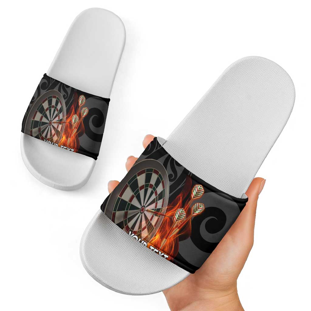 Personalised Aotearoa Darts Slide Sandals Maori Koru Flaming Dartboard - Polynesian Pride