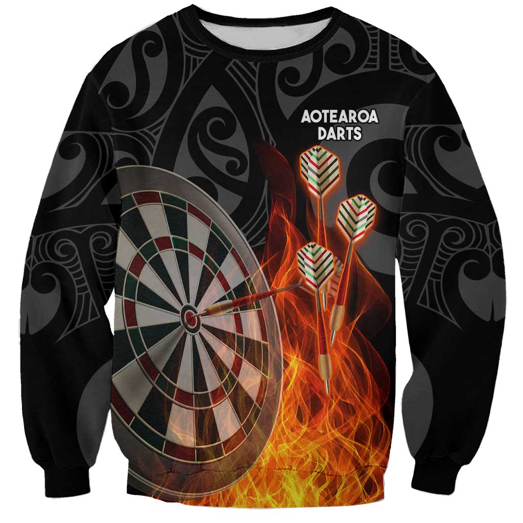 Personalised Aotearoa Darts Sweatshirt Maori Koru Flaming Dartboard LT14 Unisex Black - Polynesian Pride