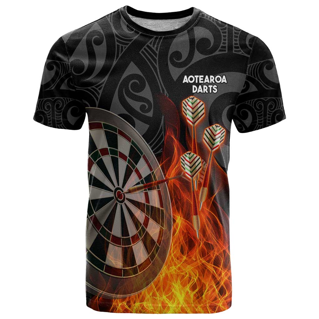 Personalised Aotearoa Darts T Shirt Maori Koru Flaming Dartboard