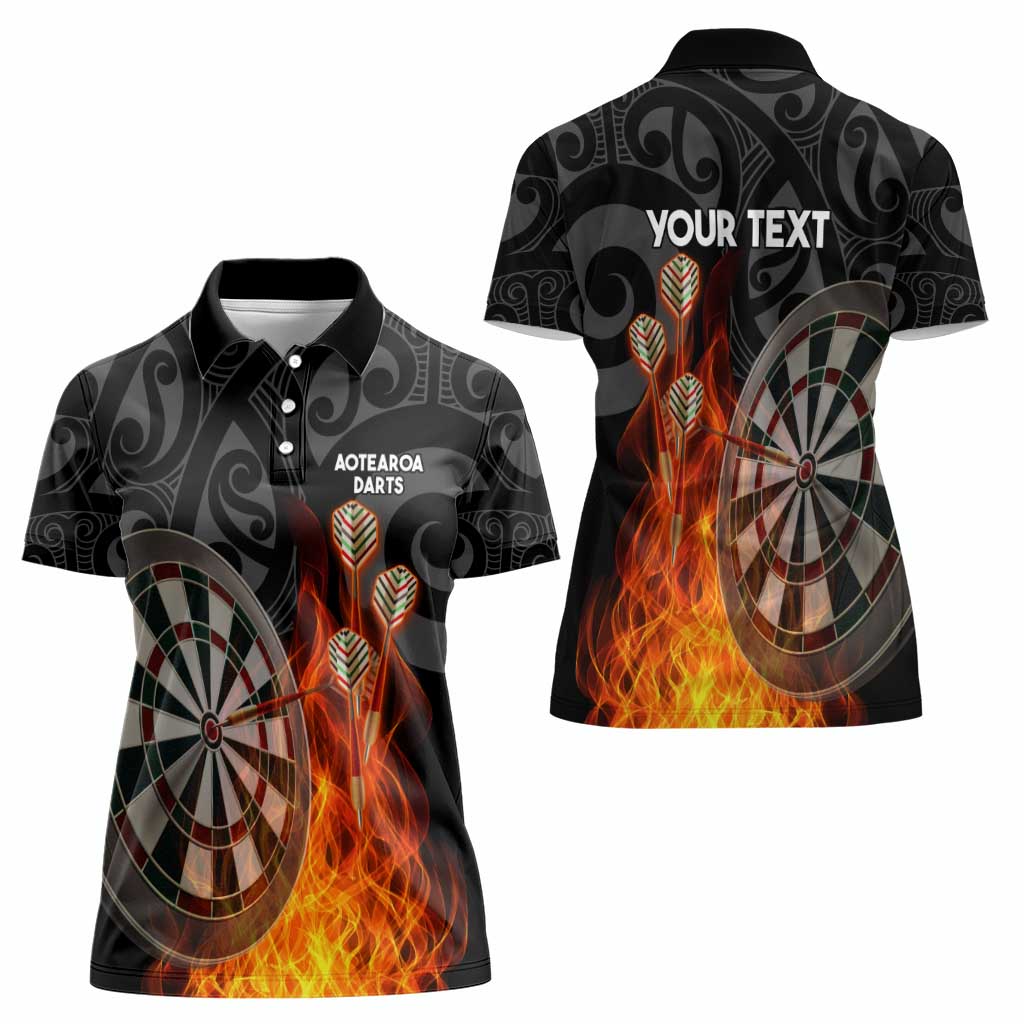 Personalised Aotearoa Darts Women Polo Shirt Maori Koru Flaming Dartboard