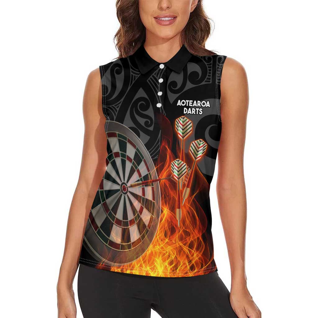 Personalised Aotearoa Darts Women Sleeveless Polo Shirt Maori Koru Flaming Dartboard