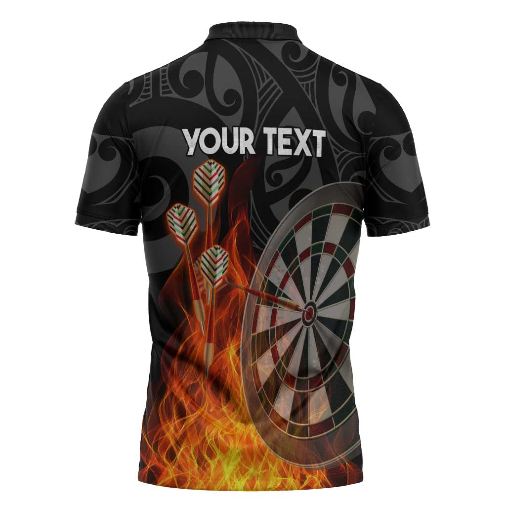 Personalised Aotearoa Darts Zipper Polo Shirt Maori Koru Flaming Dartboard - Polynesian Pride