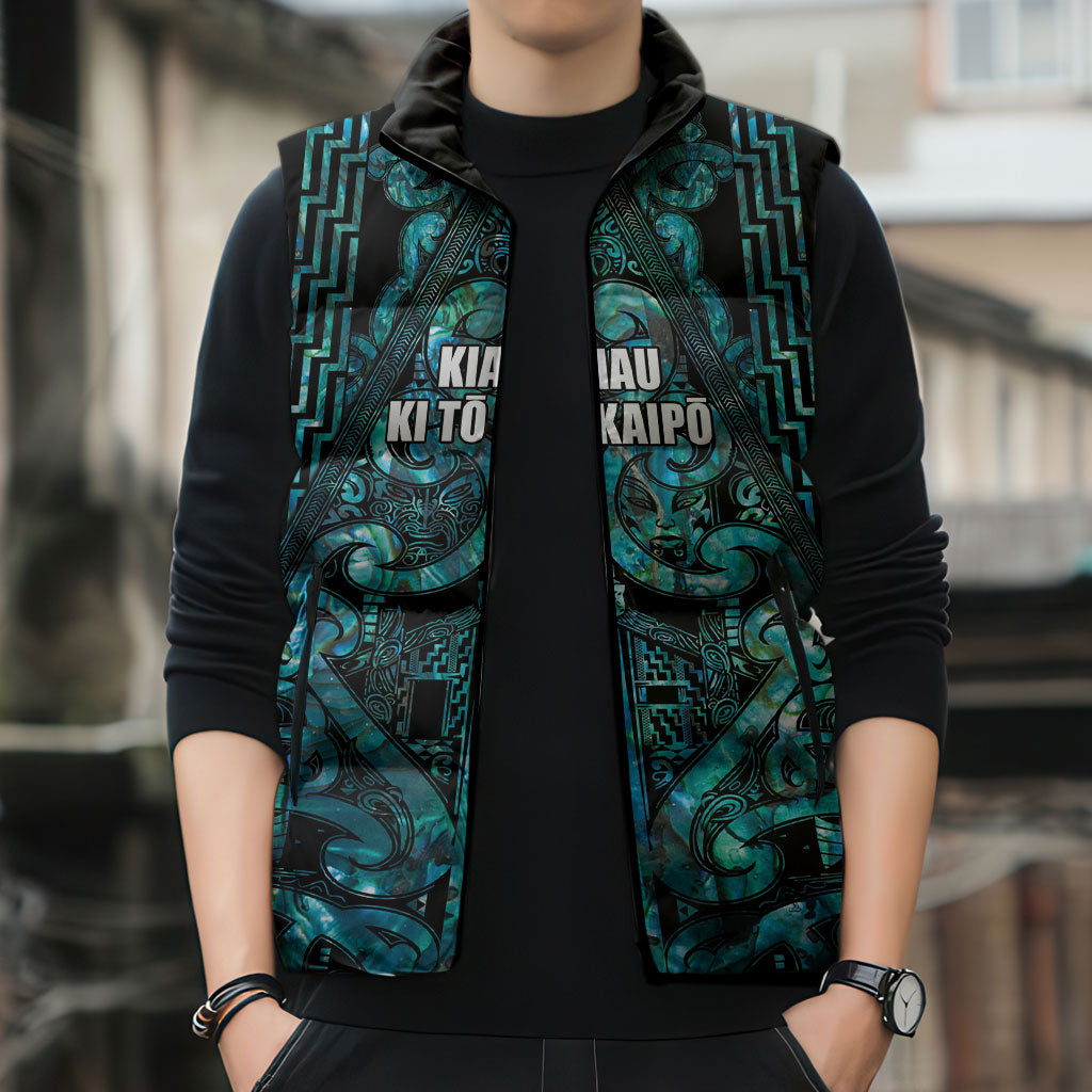 Maori Language Week Personalised Sleeveless Puffer Jacket Kia Mau Ki To Ukaipo Paua Shell Color LT14 - Polynesian Pride