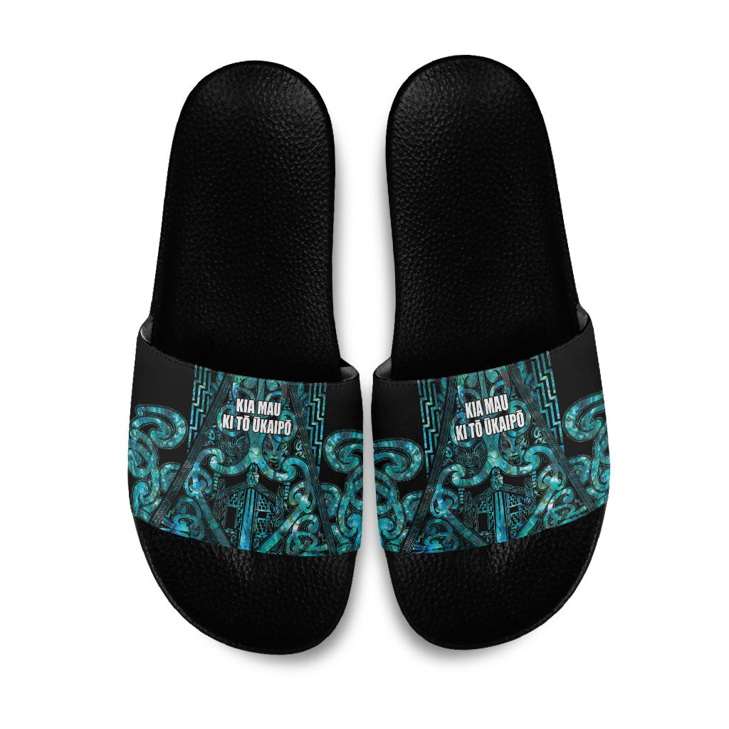 Maori Language Week Slide Sandals Kia Mau Ki To Ukaipo Paua Shell Color LT14 Turquoise - Polynesian Pride