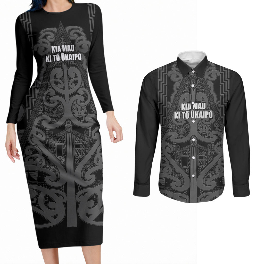 Maori Language Week Personalised Couples Matching Long Sleeve Bodycon Dress and Long Sleeve Button Shirt Kia Mau Ki To Ukaipo Grey Color LT14 Grey - Polynesian Pride