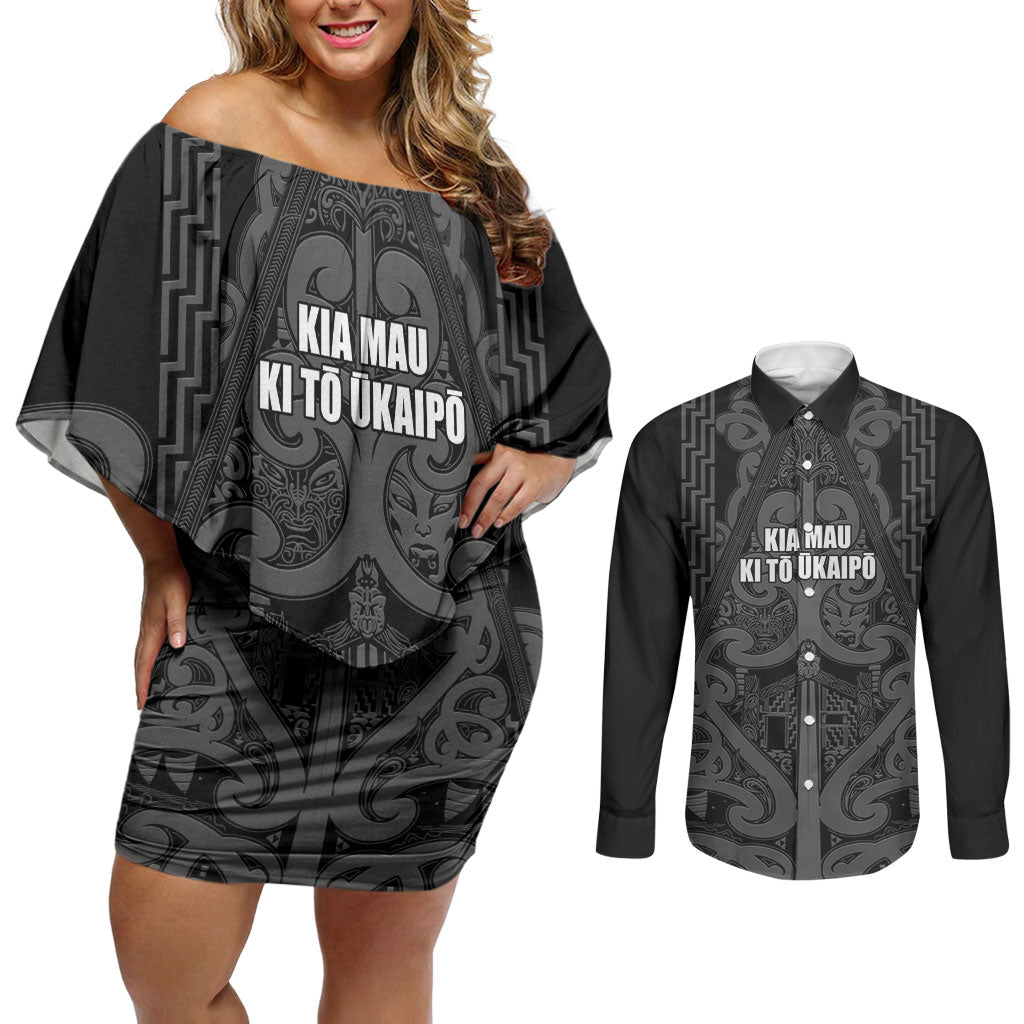 Maori Language Week Personalised Couples Matching Off Shoulder Short Dress and Long Sleeve Button Shirt Kia Mau Ki To Ukaipo Grey Color LT14 Grey - Polynesian Pride