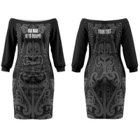 Maori Language Week Personalised Couples Matching Off The Shoulder Long Sleeve Dress and Hawaiian Shirt Kia Mau Ki To Ukaipo Grey Color LT14 - Polynesian Pride