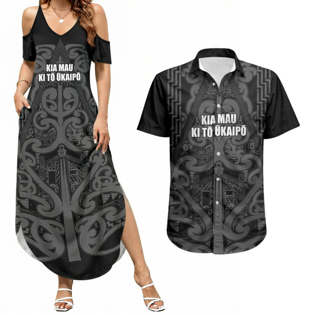 Maori Language Week Personalised Couples Matching Summer Maxi Dress and Hawaiian Shirt Kia Mau Ki To Ukaipo Grey Color LT14 Grey - Polynesian Pride